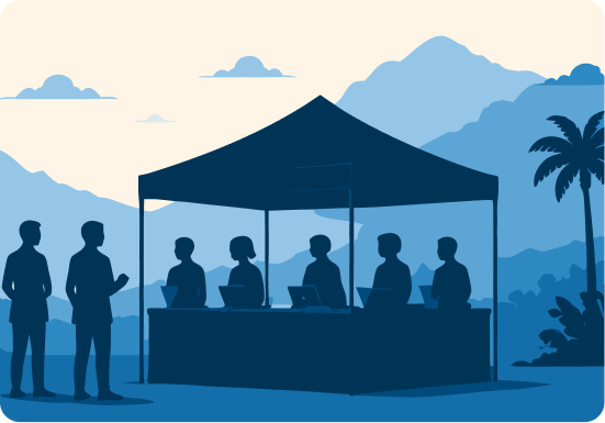 Illustration of a Huddle Global expo booth with visitors